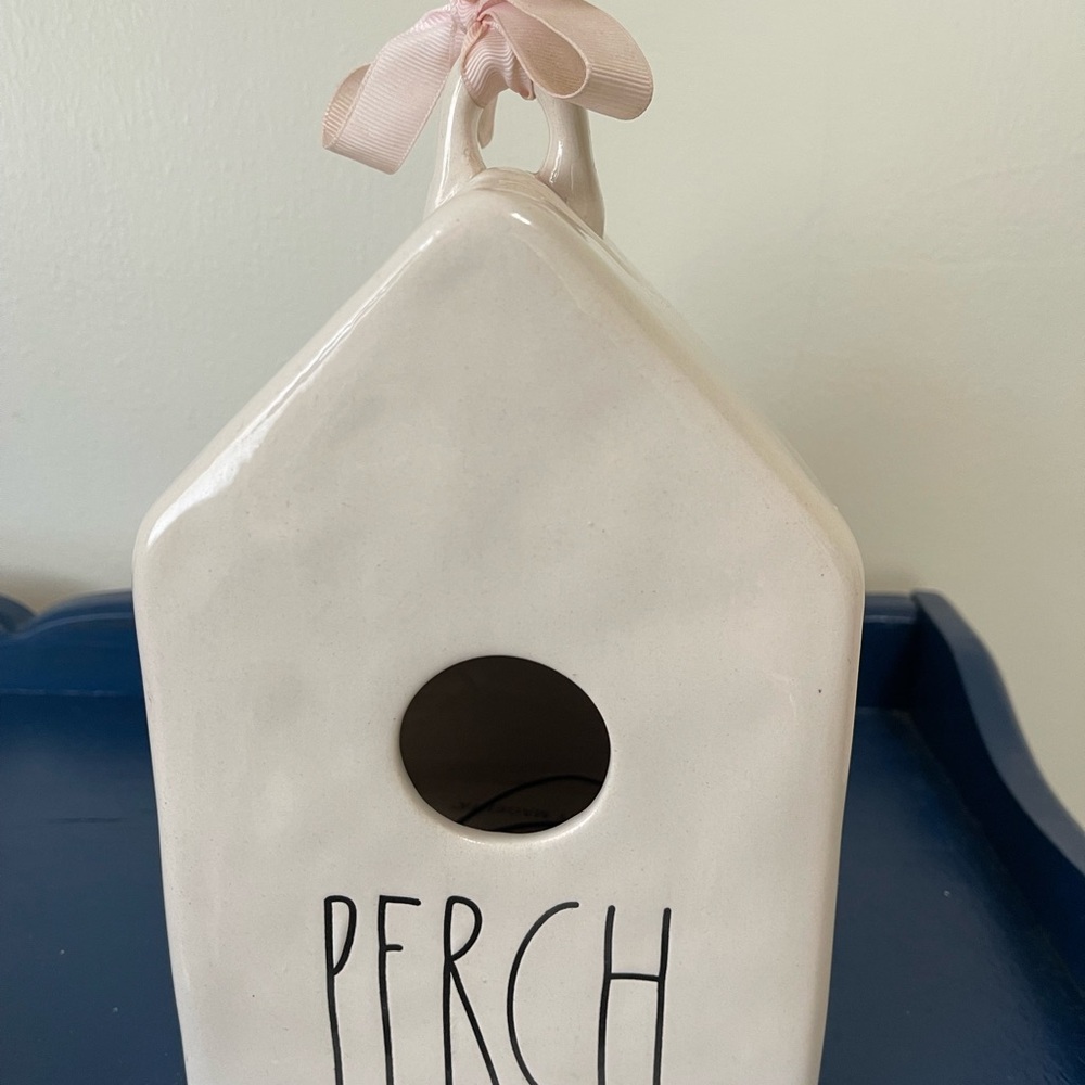 Rae Dunn Cream Birdhouse with Pink Ribbon